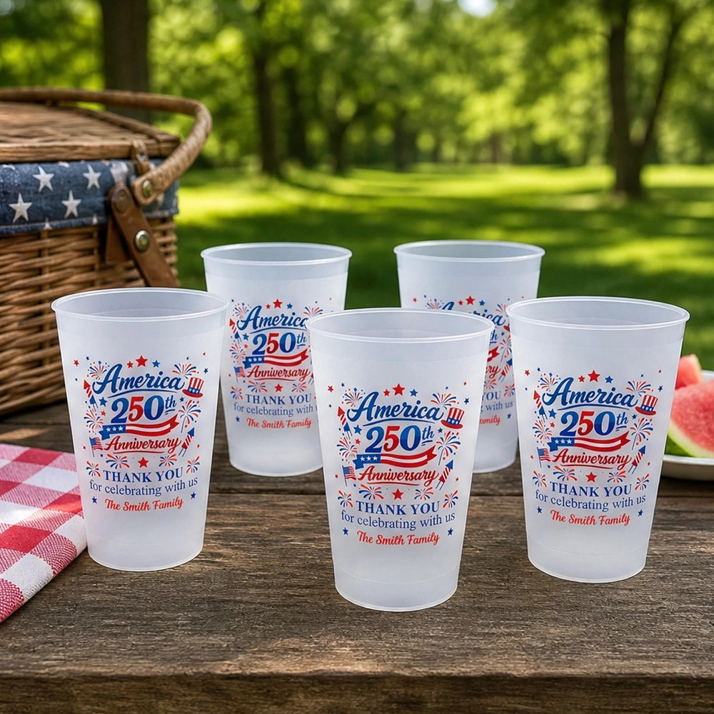 Custom America 250th Anniversary Collection: Personalized Frosted Cups, Flags & Banners for Family Party