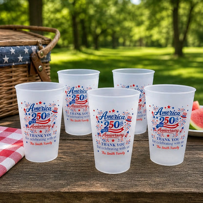 Custom America 250th Anniversary Collection: Personalized Frosted Cups, Flags & Banners for Family Party