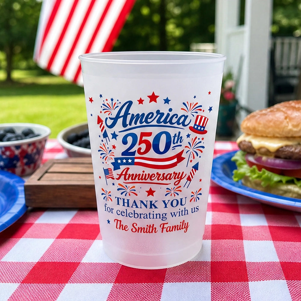 Custom America 250th Anniversary Collection: Personalized Frosted Cups, Flags & Banners for Family Party