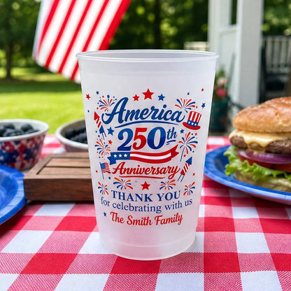 Custom America 250th Anniversary Collection: Personalized Frosted Cups, Flags & Banners for Family Party