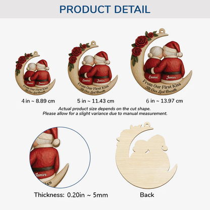 Wooden Ornament, crescent with roses and hugging Santa couple, cozy Christmas decor, creative gift for wife & husband