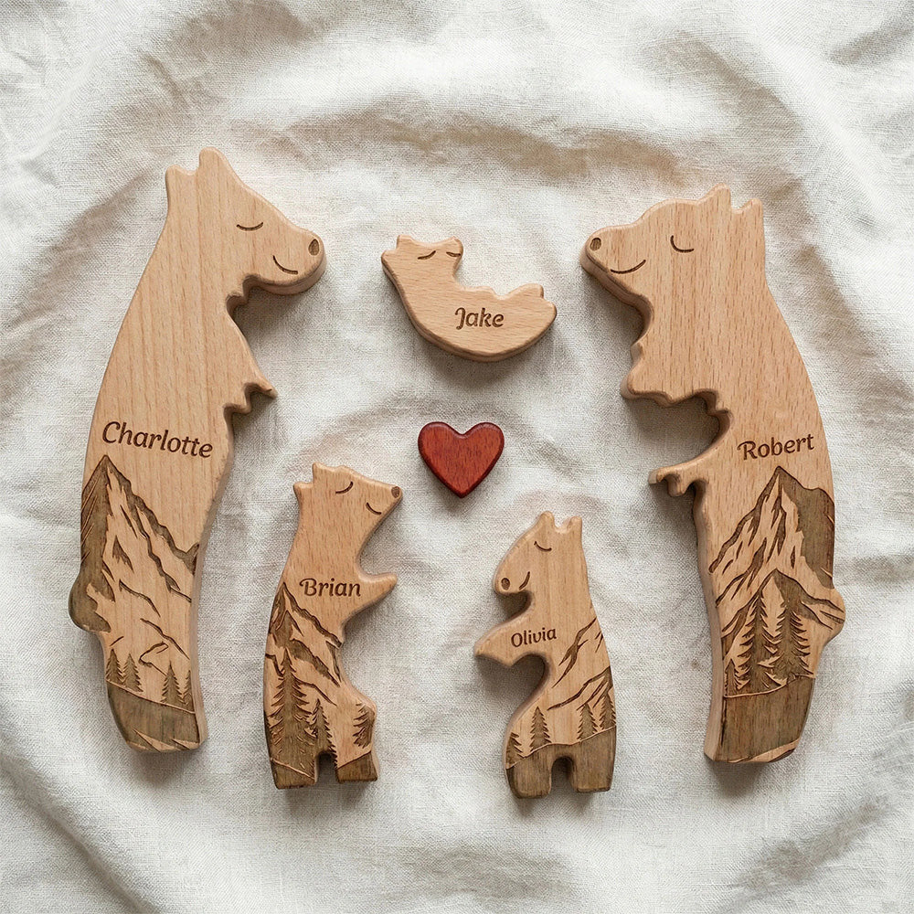 Personalized Wooden Bear Family Puzzle With Mountain Scene, Unique Father's Day Gift For Dad, Heartwarming Keepsake Decor