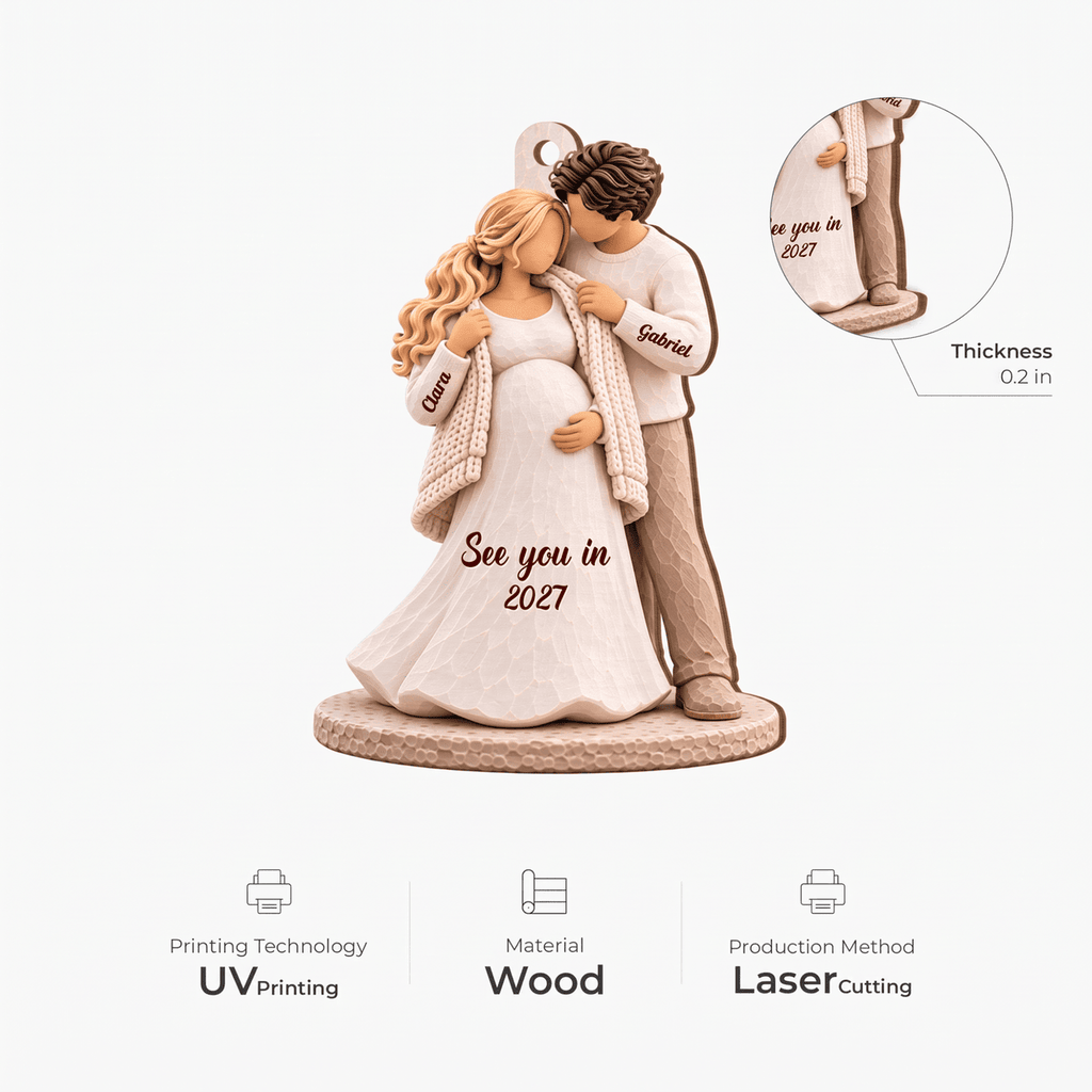 Personalized Wooden Ornament, Expecting Couple with Forehead Kiss, Unique Christmas Gift for Parents-to-Be