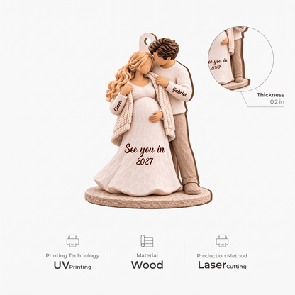 Personalized Wooden Ornament, Expecting Couple with Forehead Kiss, Unique Christmas Gift for Parents-to-Be
