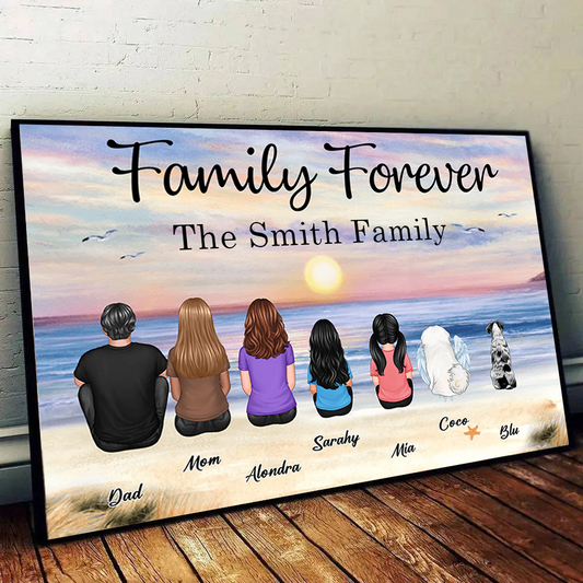 Retro Vintage Family Sitting Beach Landscape Personalized Horizontal Poster or Canvas2