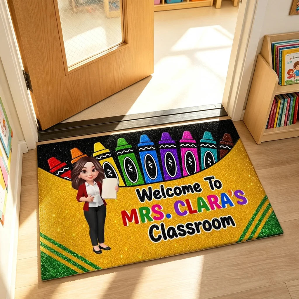 Personalized Standard Doormat, Cartoon Teacher & Bright Crayons, Unique Gift for Classroom Entry
