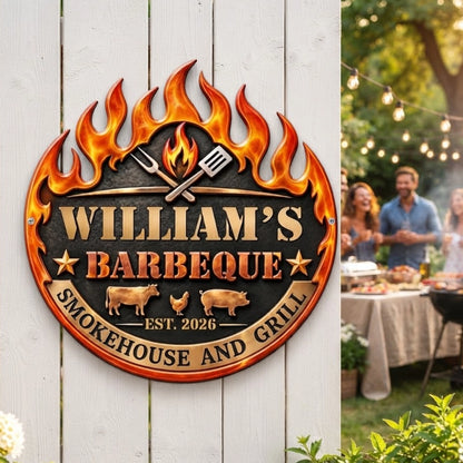 Personalized Shaped Metal Sign with Flaming Barbecue Design, Creative Gift for Grill Masters and Backyard Cooks
