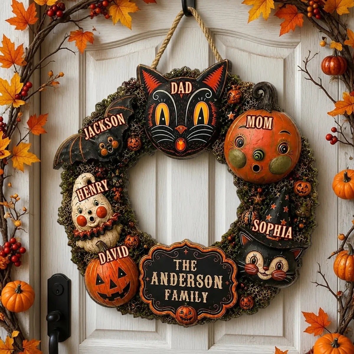 Personalized Wooden Sign, Custom Family Black Cat and Pumpkin Halloween Front Door Decor, Unique Gift for Families