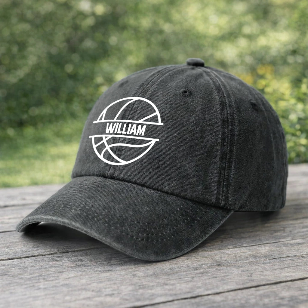 Personalized Washed Denim Baseball Cap with Basketball Graphic, Unique Gift for Players & Sports Fans