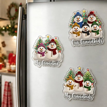 Personalized Acrylic Fridge Magnet, Colorful Snowman Family by Christmas Trees, Unique Gift for Grandparents