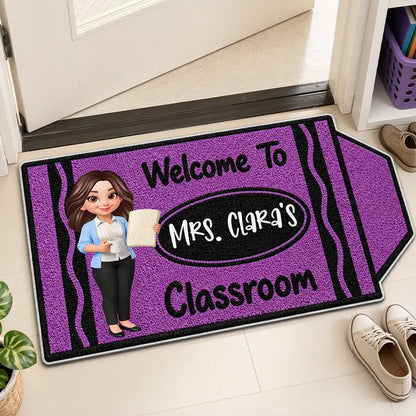 Personalized Shaped Doormat, Purple Crayon Classroom Welcome with Teacher Holding Book, Unique Gift for Teacher