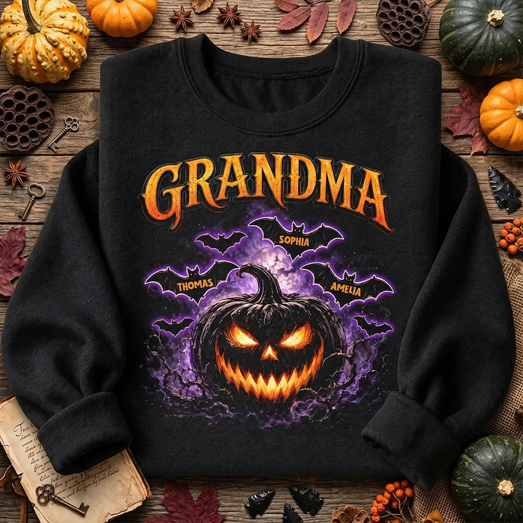 Personalized Grandma Classic Tee with Orange Jack O Lantern and Bats, Unique Halloween Gift