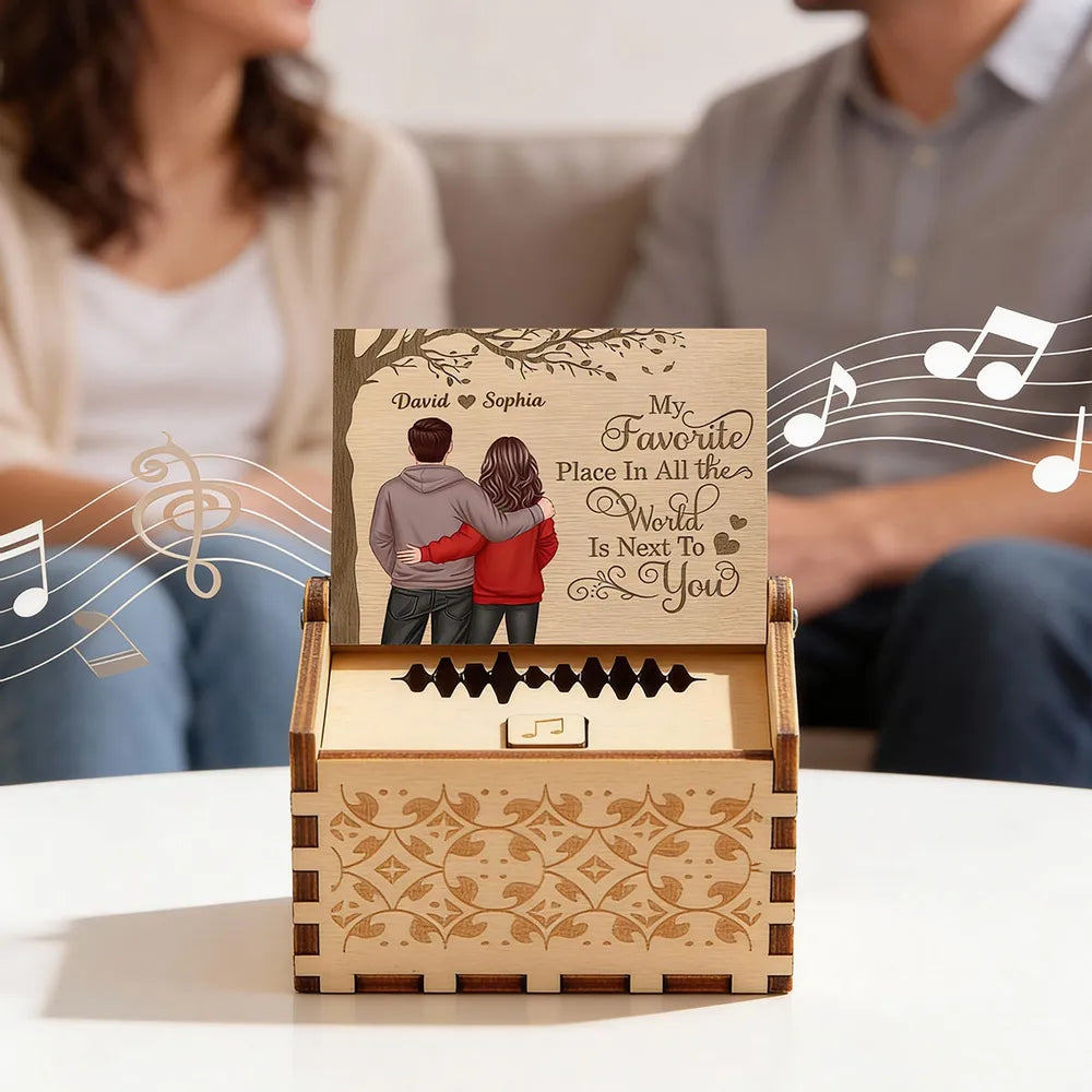 Personalized Wooden Music Box with Couple Hugging Back View Romantic Keepsake Decor A Unique Gift for Him or Her
