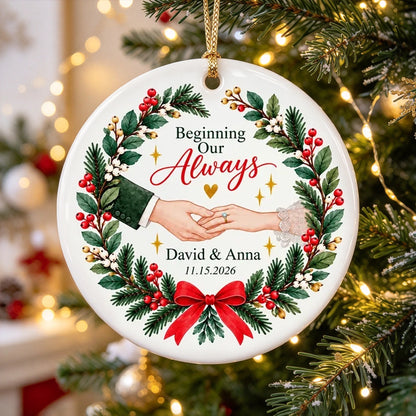Personalized Ceramic Ornament with Couple Holding Hands and Christmas Wreath, Unique Gift for Couples