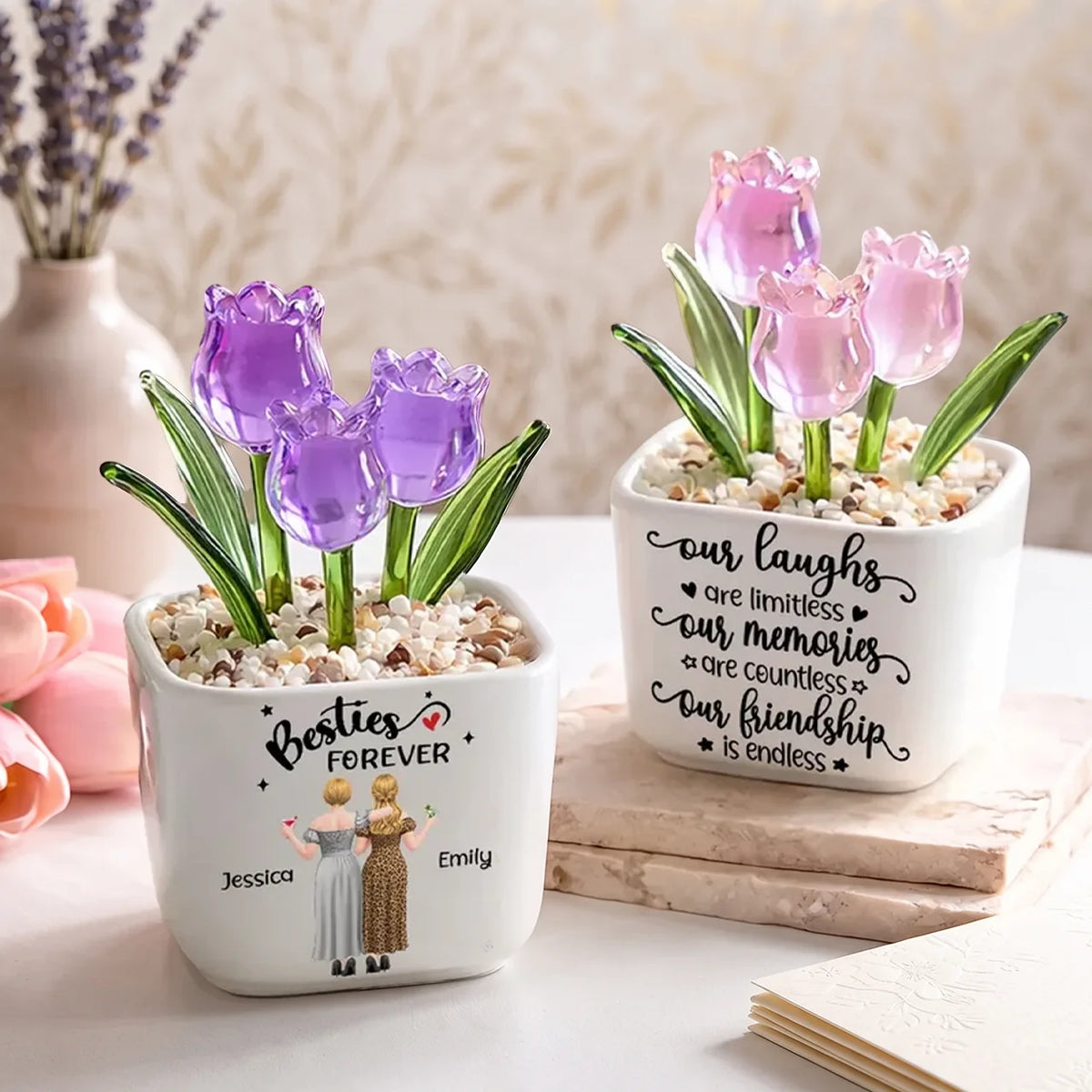 Personalized Square Glass Planter with Pink & Purple Tulips, Unique Gift for Side by Side Friends