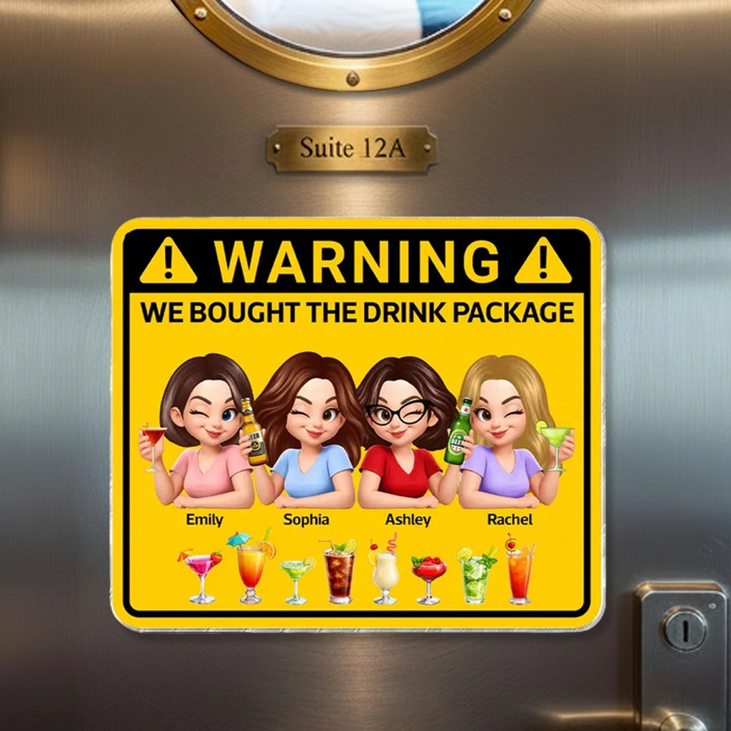 Personalized Warning Drink Package Acrylic Magnet for Cruise Cabin Door - Funny Girls Trip Fridge Decor, Unique Friend Gift