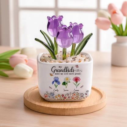 Square Glass Planter, My Grandkids Tulip Keepsake, Creative Gift for a Grandparent's Home