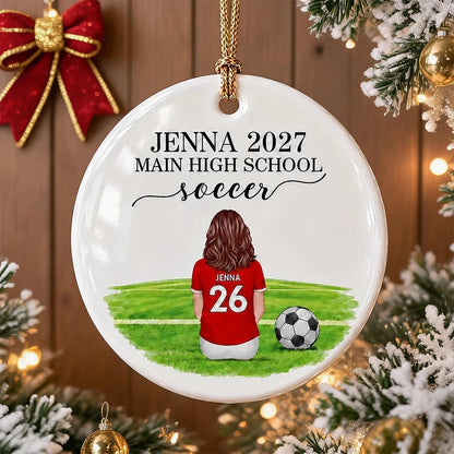 Personalized Ceramic Ornament, Seated Soccer Athlete on Field, Unique Christmas Gift for Soccer Player