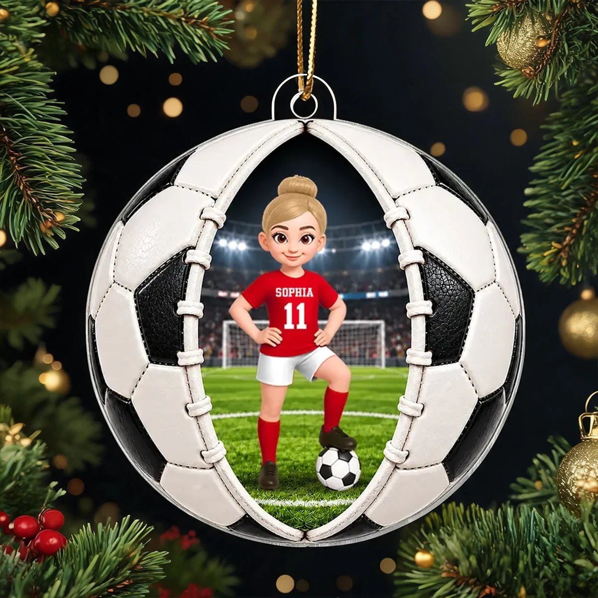 Personalized Acrylic Ornament, Girl Soccer Player Posing in Stadium, Unique Christmas Gift for Daughter