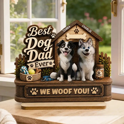 Personalized 2-Layer Wooden Plaque, Smiling Dogs by Doghouse, Unique Gift for Dog Dad