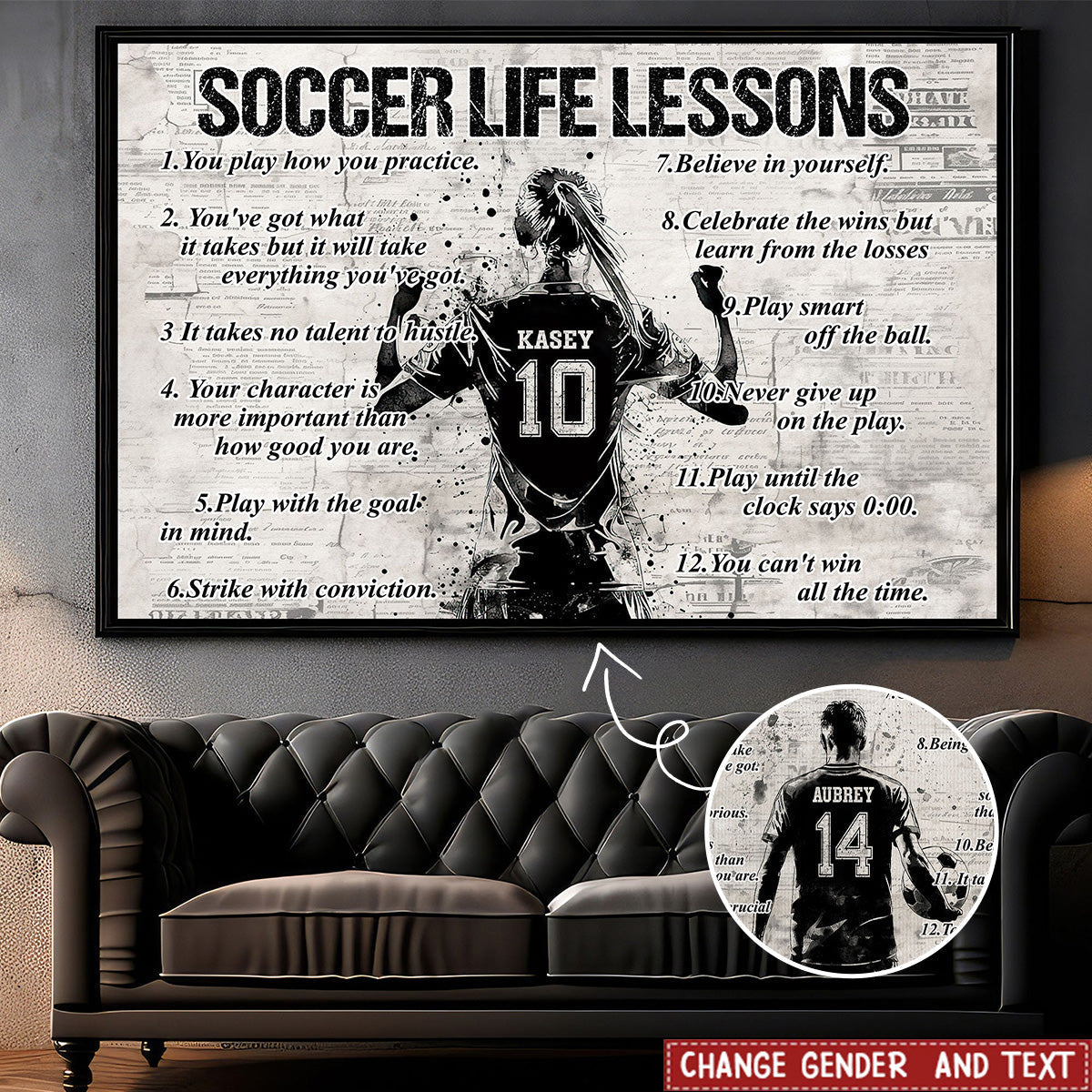 Soccer Life Lessons Personalized Canvas, Back View Player Art, Unique Gift for Soccer Player