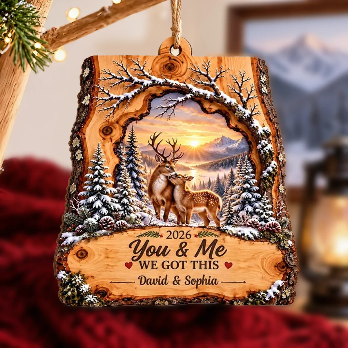 Rustic Personalized Wooden Ornament with You & Me Quote and Deer Standing Together, Creative Gift for Your Partner