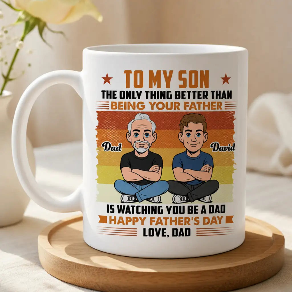 Personalized Father & Son Mug, Cartoon Dad Watching Son Become a Dad, Unique Father's Day Gift