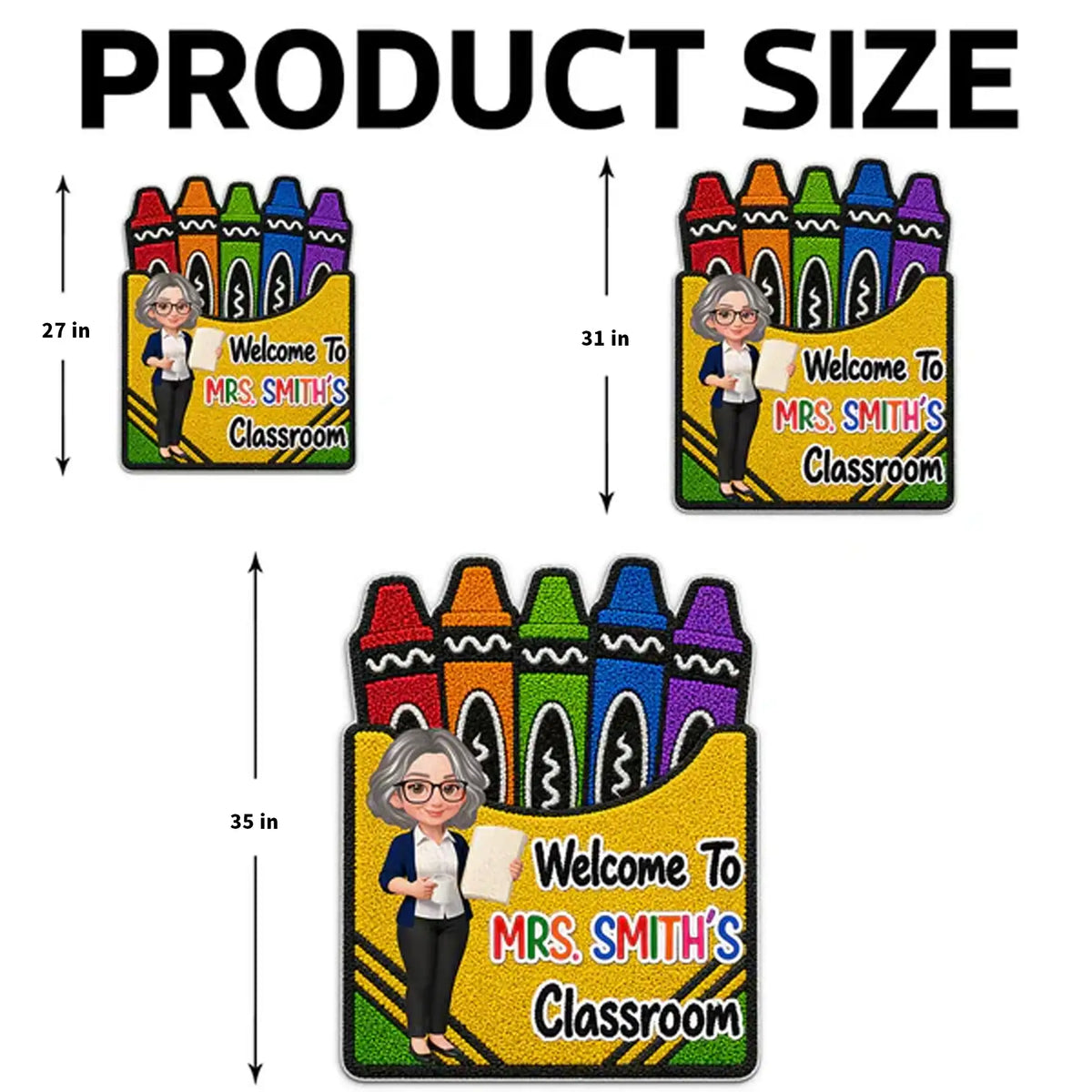 Personalized Shaped Doormat With Crayon Box Art, Cartoon Teacher Holding Notebook, Unique Teacher Gift