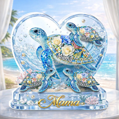 Personalized Shaped Acrylic Block Plaque with Sea Turtles & Ocean Flowers - Unique Gift for Grandma or Mom