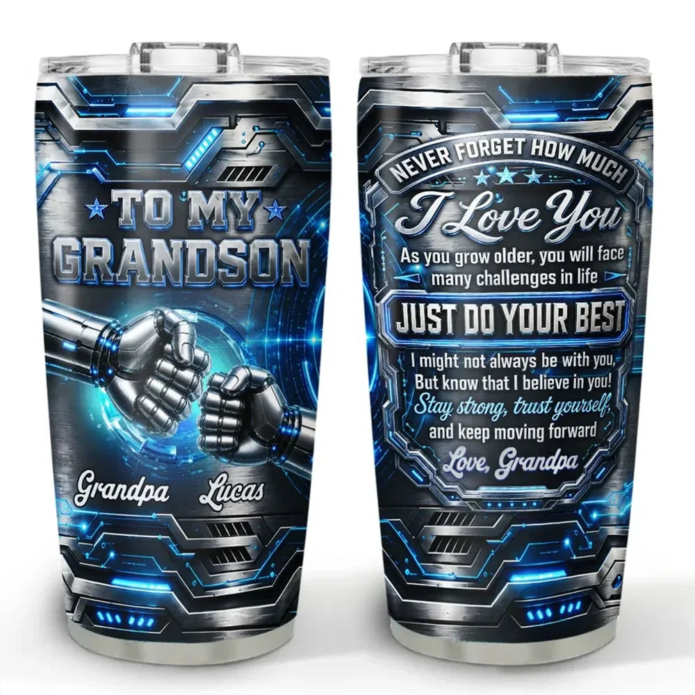 Insulated Travel Tumbler, Unique Personalized Grandson Gift with Futuristic Robot Fist Bump Art