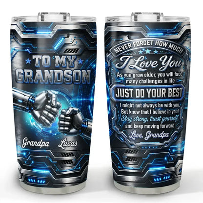 Insulated Travel Tumbler, Unique Personalized Grandson Gift with Futuristic Robot Fist Bump Art