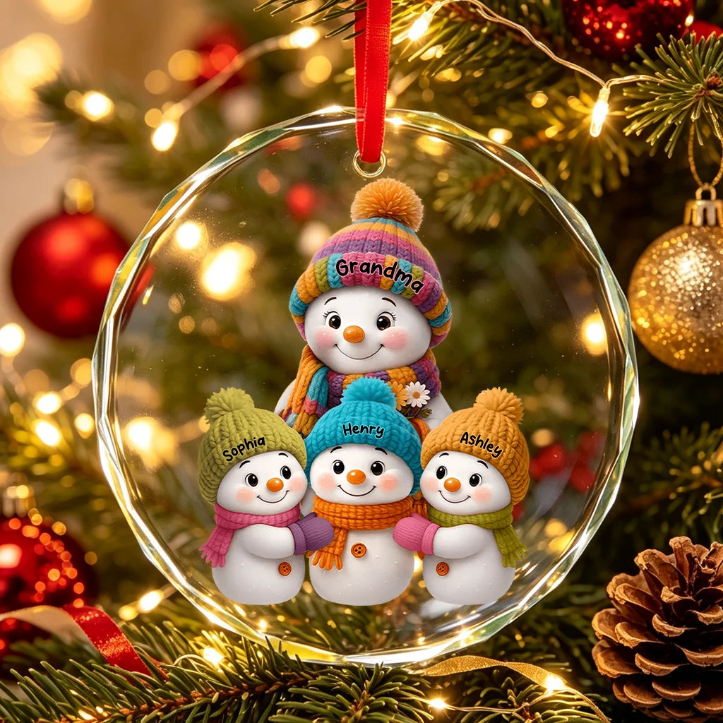 Personalized Crystal Ornament with Grandma and Snowman Family, Heartwarming Christmas Keepsake and Creative Gift for Family