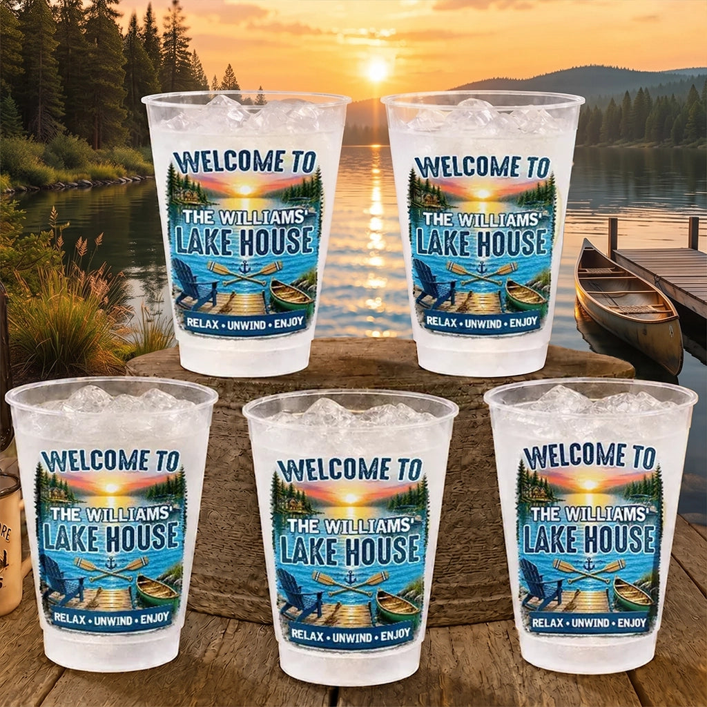 Frosted Plastic Cup, Custom Lake House Sunset Design, Relax Unwind Enjoy, Unique Gift for Hosts