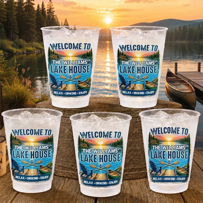 Frosted Plastic Cup, Custom Lake House Sunset Design, Relax Unwind Enjoy, Unique Gift for Hosts