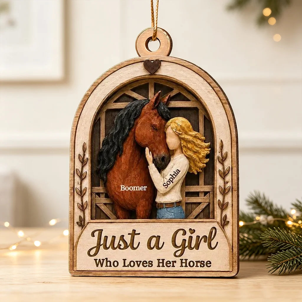 Personalized Wooden Ornament, Girl Hugging Horse in Rustic Barn, Unique Christmas Gift for Horse Lover