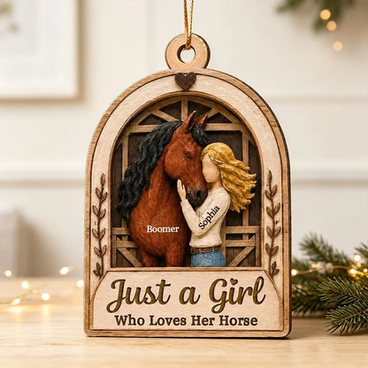 Personalized Wooden Ornament, Girl Hugging Horse in Rustic Barn, Unique Christmas Gift for Horse Lover