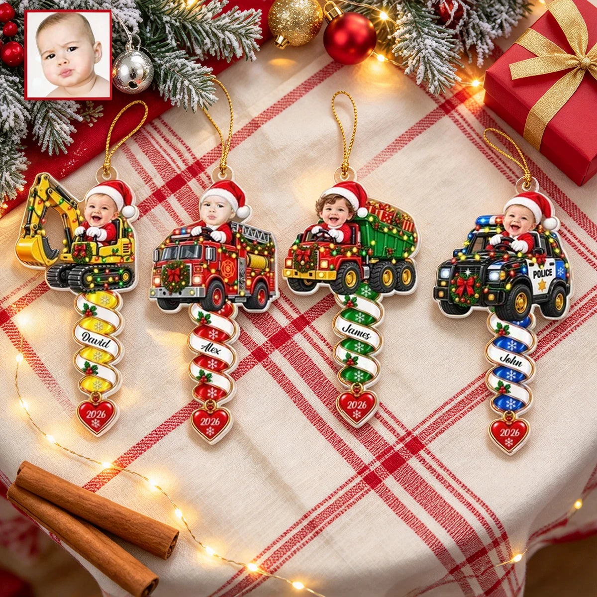 Personalized Acrylic Ornament with Festive Construction Vehicles and Spiral Design, Unique Christmas Gift for Kids