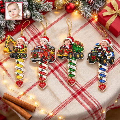 Personalized Acrylic Ornament with Festive Construction Vehicles and Spiral Design, Unique Christmas Gift for Kids