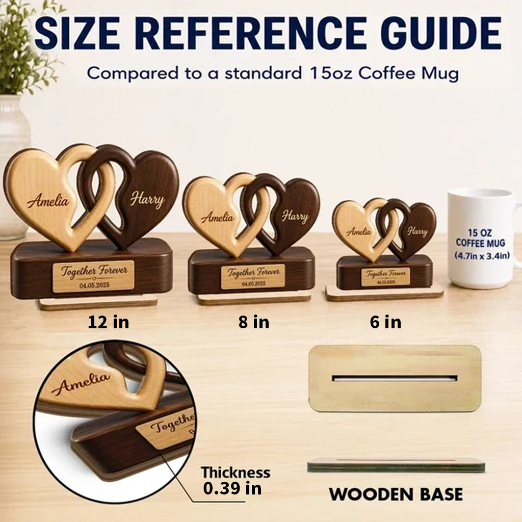 Personalized 2-Layer Wooden Plaque, Interlocking Hearts in Warm Tones, Unique Gift for Couple