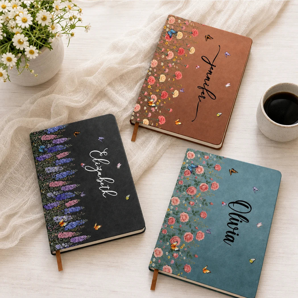 Personalized Leather Journal, Floral Butterfly Design for Sunlit Desk Writing, Unique Gift for Her