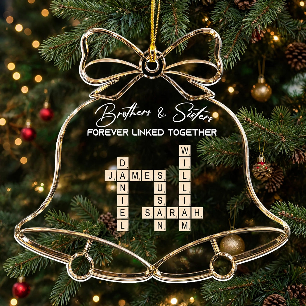 Personalized Acrylic Ornament, Bell and Bow Sibling Crossword for Christmas Tree, Unique Family Gift