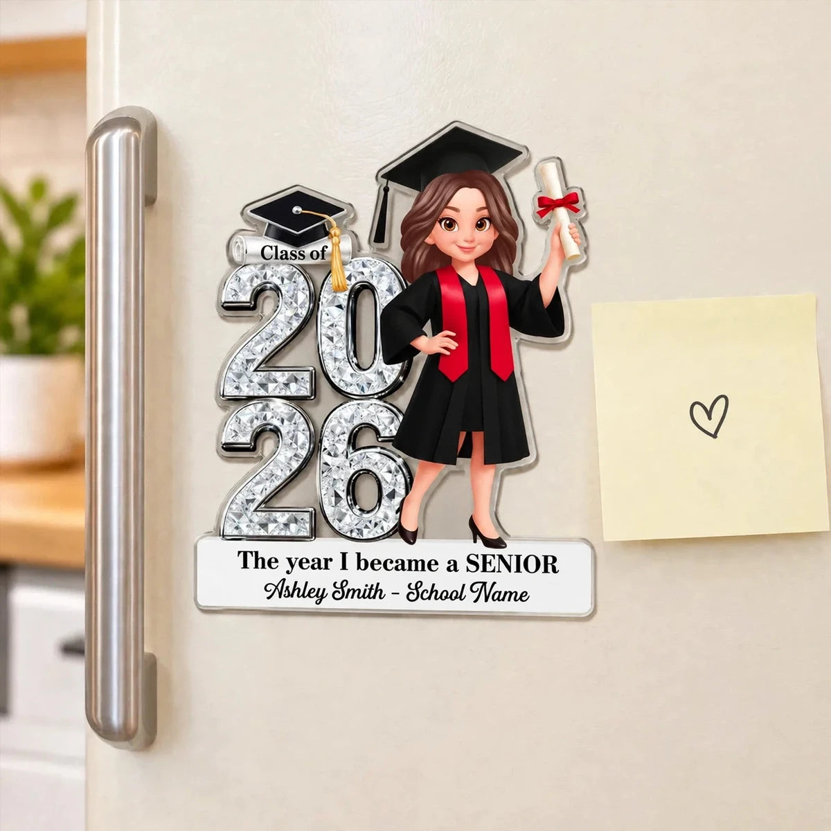 Personalized Acrylic Fridge Magnet, Cartoon Graduate Holding Diploma, Unique Gift for High School Senior