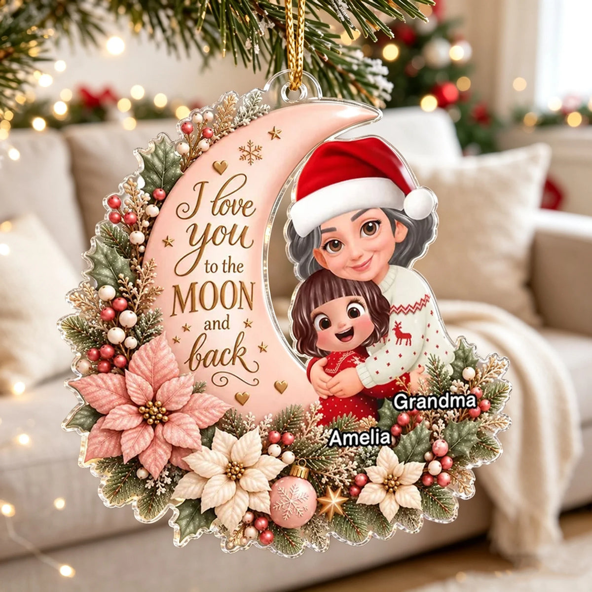 Personalized Acrylic Ornament, Hugging Grandma and Grandchild on a Soft Pink Moon, Unique Christmas Gift