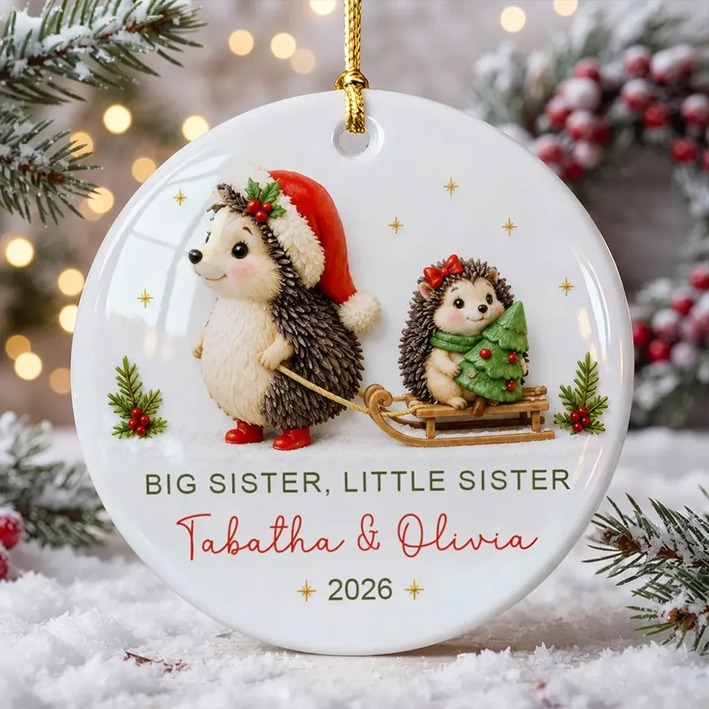 Personalized Ceramic Ornament, Sister Hedgehogs in a Snowy Sled Scene, Creative Keepsake Gift for Sisters