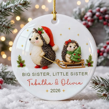 Personalized Ceramic Ornament, Sister Hedgehogs in a Snowy Sled Scene, Creative Keepsake Gift for Sisters