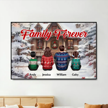 Snow House Back View Family Sitting Personalized Poster or Ornament or Plaque or Keychain