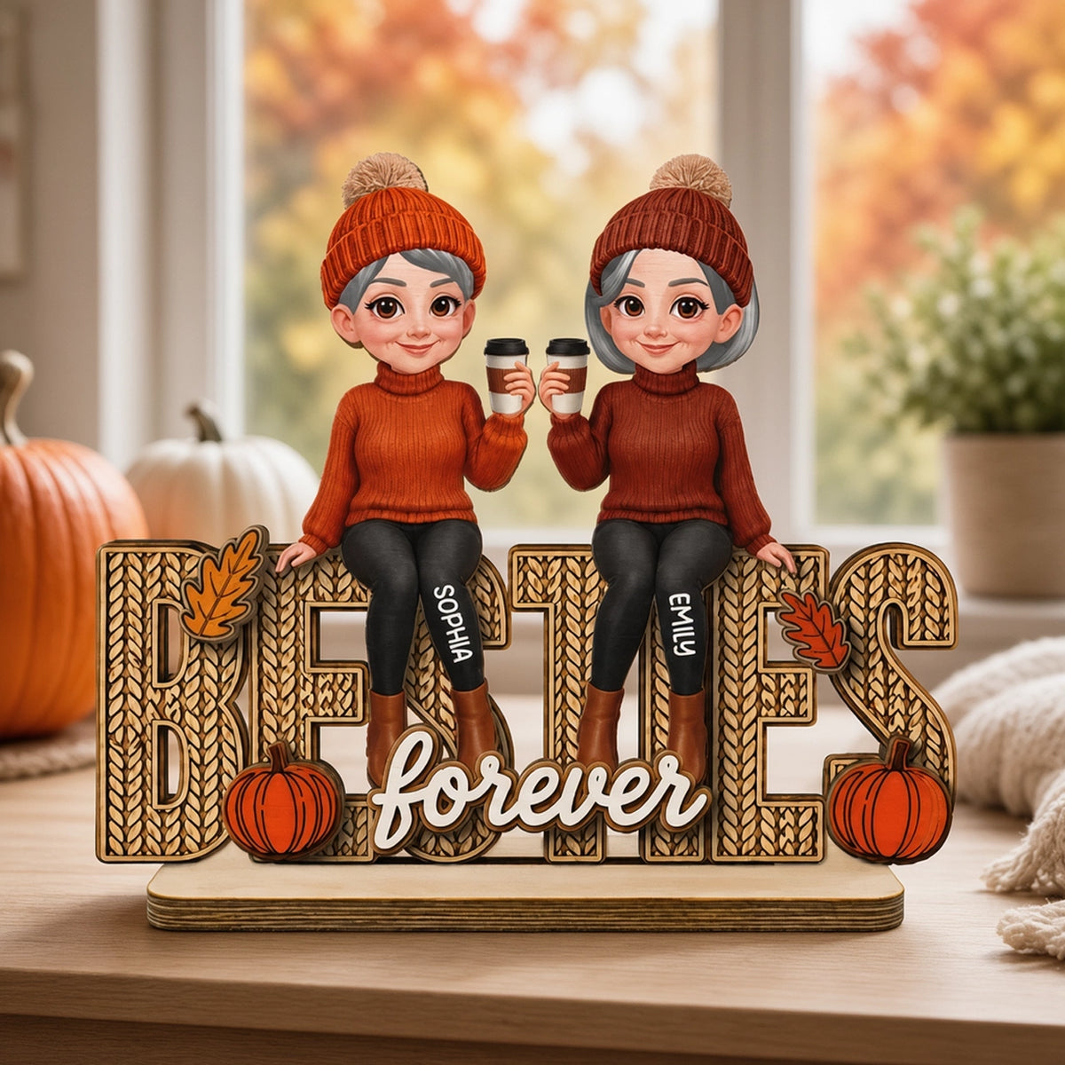 Personalized Wooden Plaque With Cozy Fall Friends Holding Coffee, Creative Gift For Sister & Friend