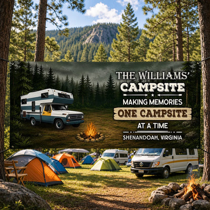 Personalized Vinyl Banner with Vintage Camper and Campfire, Unique Campsite Gift for Camping Families