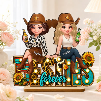 Personalized 2-Layer Wooden Plaque, Cowgirl Friends Holding Hands, Unique Gift for Close Friend