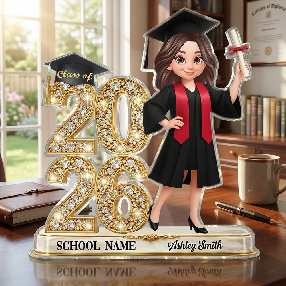 Personalized Graduation Acrylic Light Box with Class of 2026 Glitter Look and Grad Holding Diploma, Unique Gift for Graduates